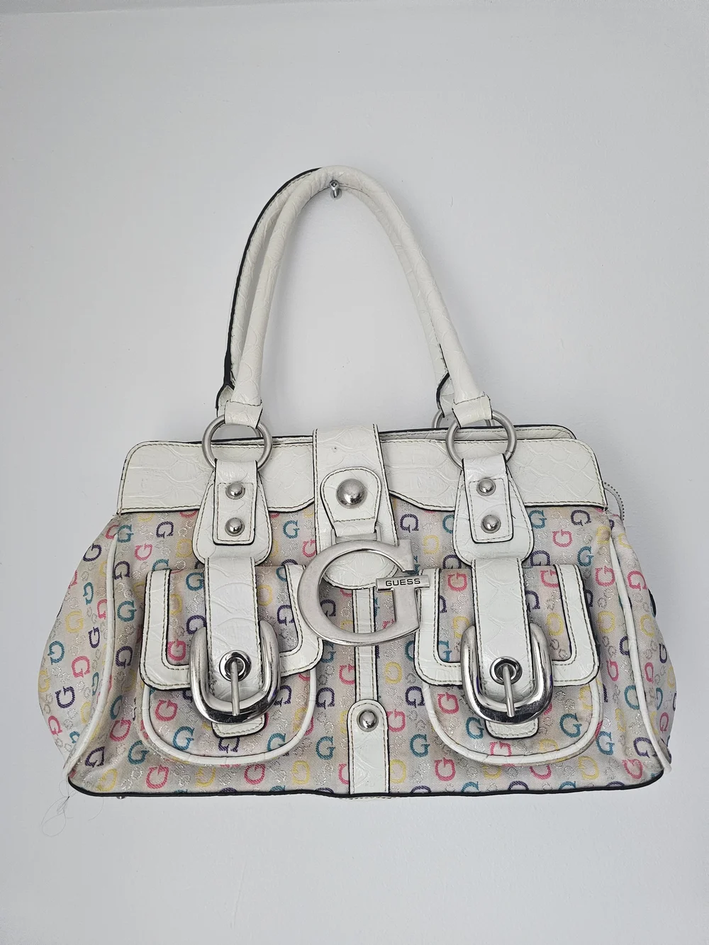 GUESS White Multicolor G-Print Satchel with Silver G Accent - Picture 1 of 8